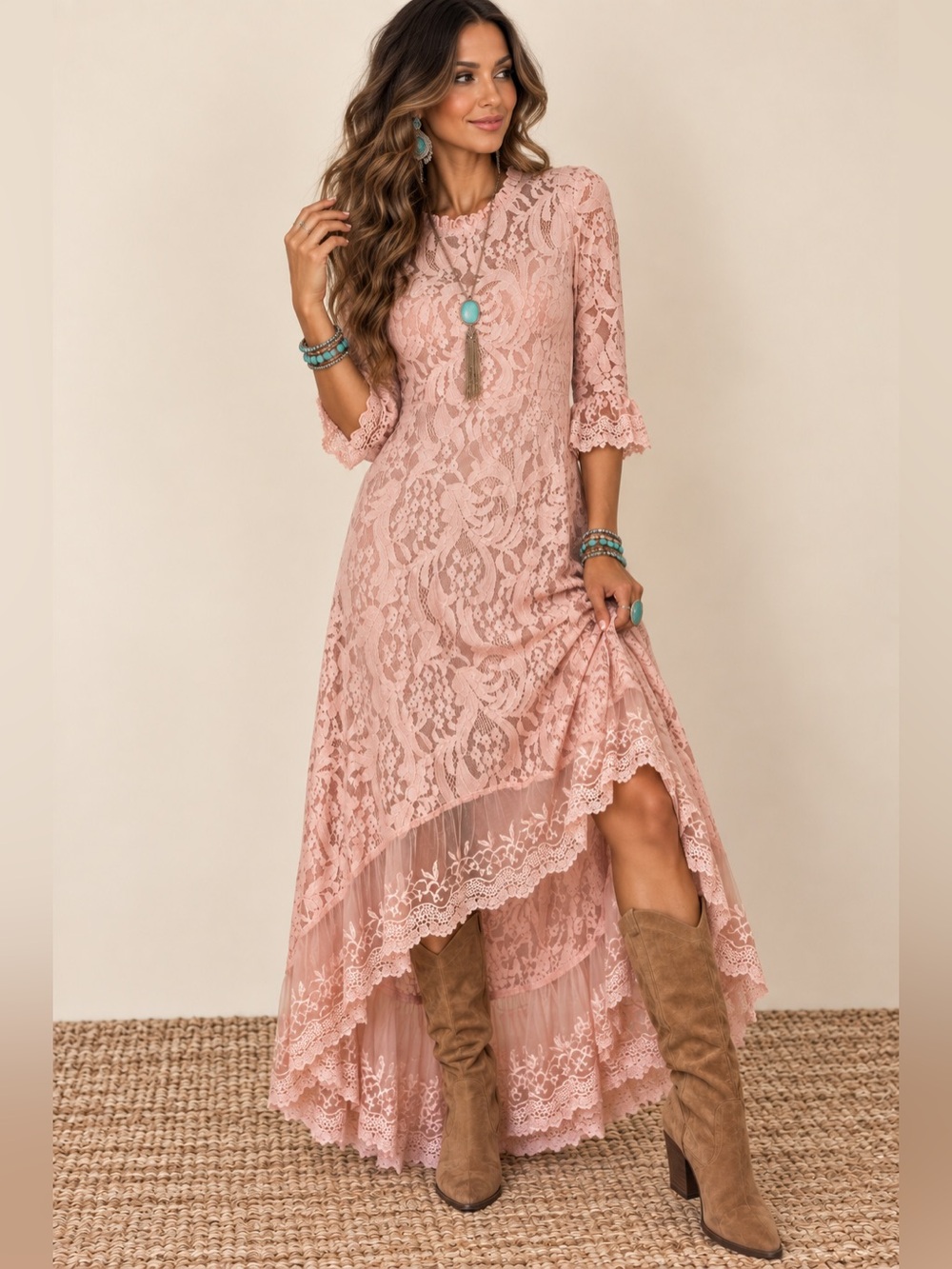 Dainty Jewells Dusty Rose Lace High-Low Maxi Dress